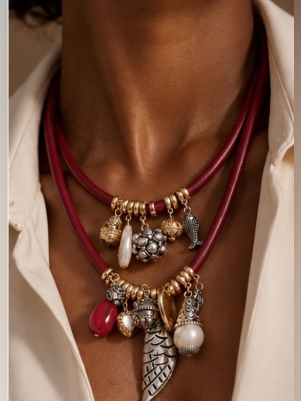 Burgundy Heritage Multi Charm Leather Necklace